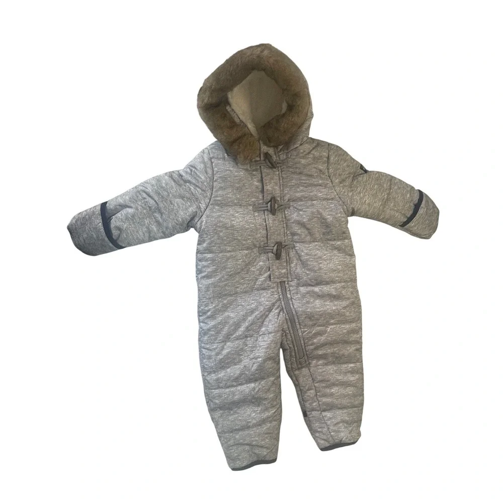 OshKosh Bgosh Baby‎ Boy Grey Heathered Hooded Pram Snowsuit Faux Fur Trim 12M